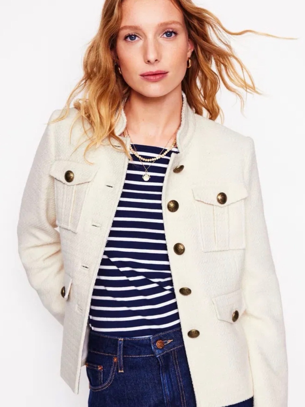 Boden Cream Bouclé Military-Style Jacket